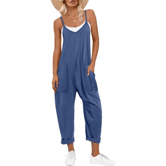 Pants - Women Blue Casual Summer Overalls Sleeveless Spaghetti Strap Romper Jumper